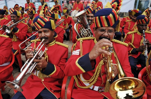 Members of a state police brass band per